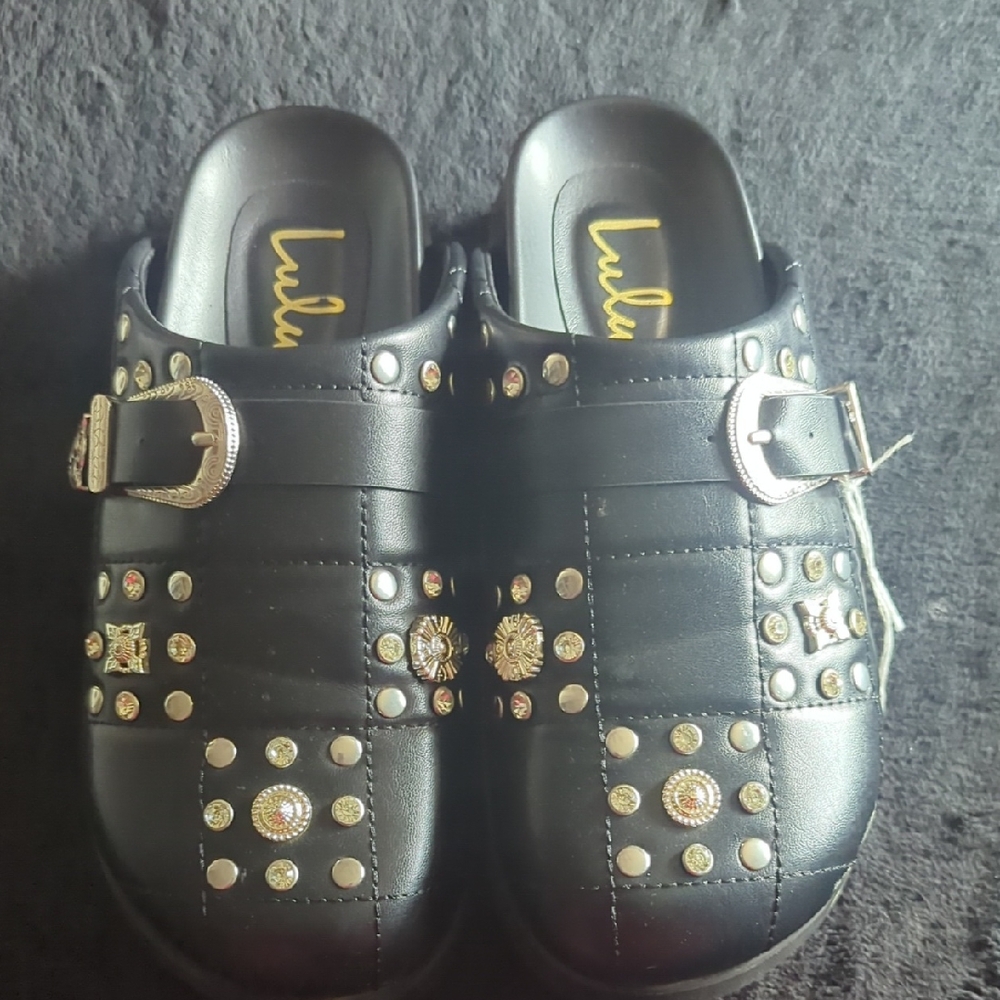 Lulu's Black Studded Mules with Buckle Detail